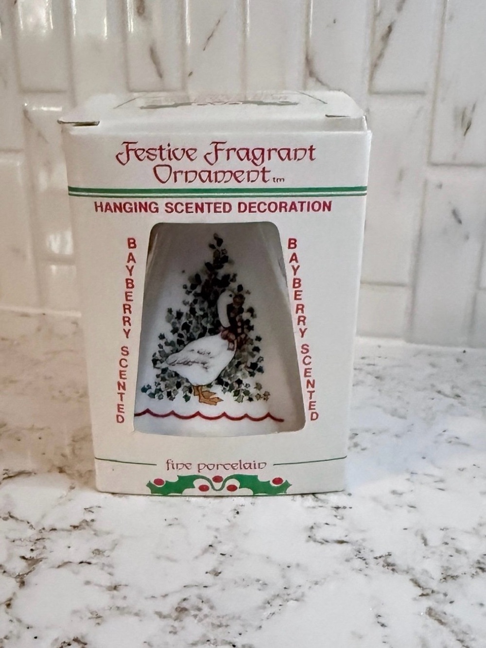 Vintage Jasco Festive fine porcelain Goose Christmas Ornament in original Box.